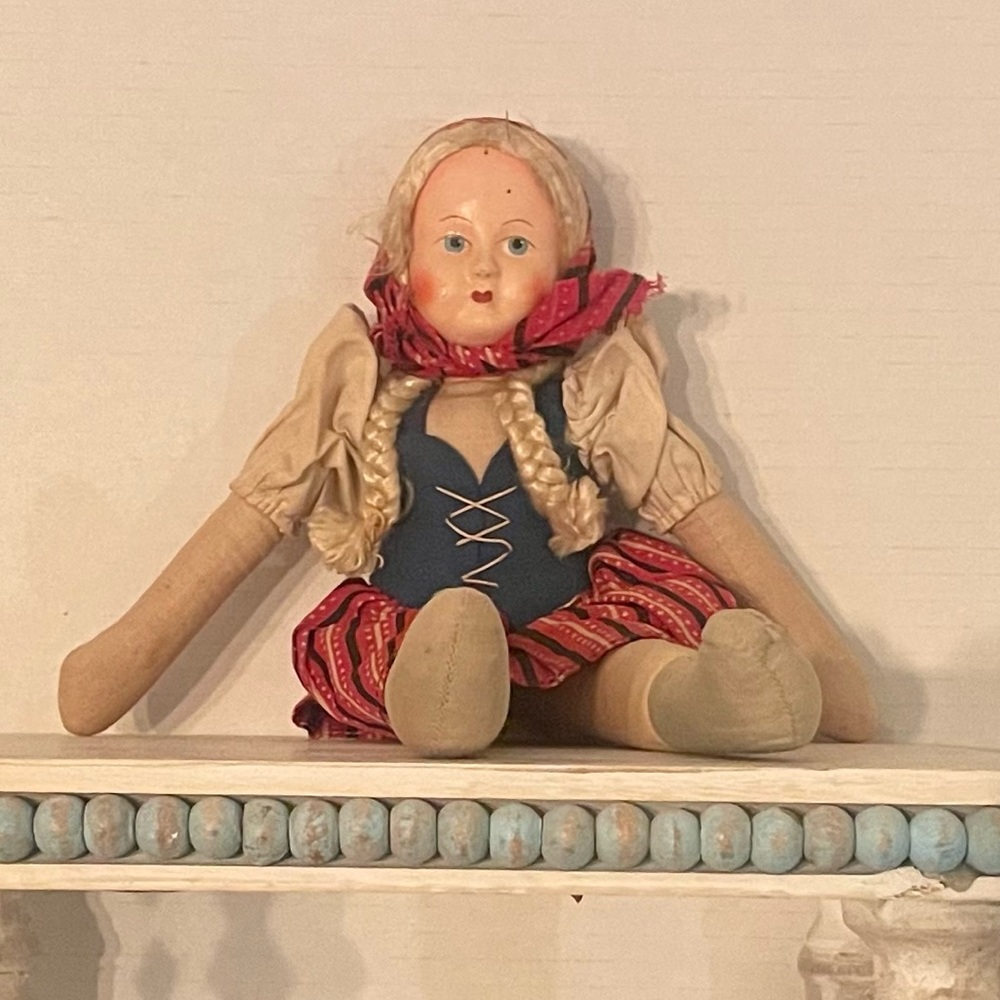 Vintage Doll made in Poland Blonde Braids Composition like face Cloth Body